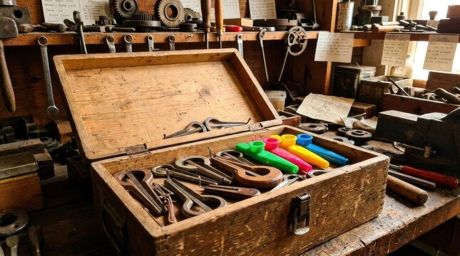 A rustic wooden box filled with a collection of assorted mouth harps and colorful kazoos