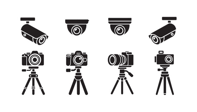 Professional photography cameras on tripods and security dome cameras for surveillance use.