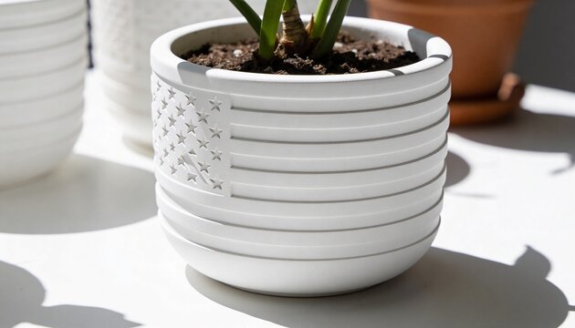Sitting white ceramic planter with embossed US flag motif on bright sill showing soil and shoots