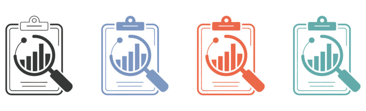 Company growth report analysis icon set with magnifying glass symbols, gap analysis and skill gap glyphs, talent management and analytics concept icons, multiple style vector collection for business i
