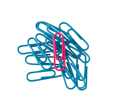 A top view of a pile of light blue paperclips with one bright pink paperclip standing out in the center. Concept for individuality, being different, and outstanding leadership in business or educatio