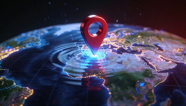Hovering red pin emitting blue light, creating ripples on Earth at night with city lights, grid
