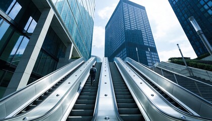 Fototapeta premium Ascending center escalator commuter wearing dark jacket and backpack moving up plaza, 3 steel banks