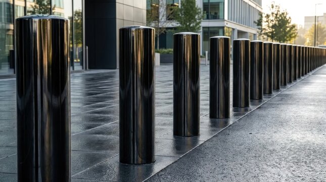 Row of Shiny Black Parking Bollards Lining a Wet Urban Street with Modern Buildings in Background