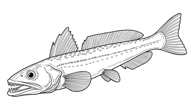 Realistic deep sea predator fish coloring page illustration showing long body with sharp teeth and dorsal fins on white background for marine life studies.