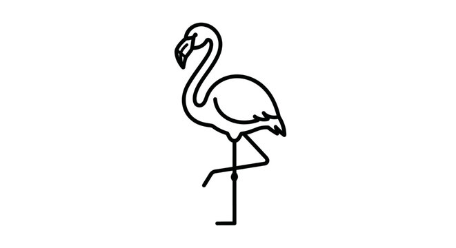 Minimalist black and white line art illustration of a flamingo standing on one leg, showcasing its elegant posture.