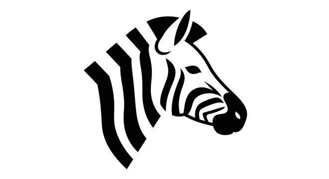 A stylized black and white graphic illustration of a zebra's head, facing right, with prominent stripes.