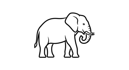 Fototapeta premium Simple black and white outline drawing of a majestic elephant standing sideways with tusks and trunk.