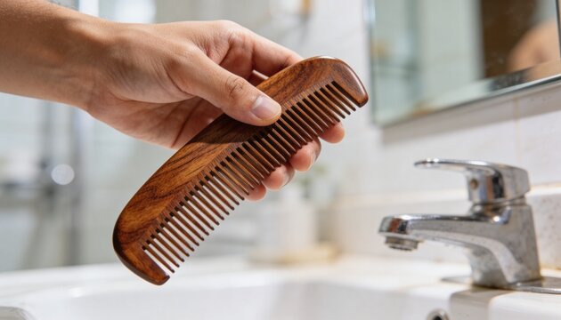 Holding bare hand gripping brown wooden comb above white sink, with chrome faucet and dispenser