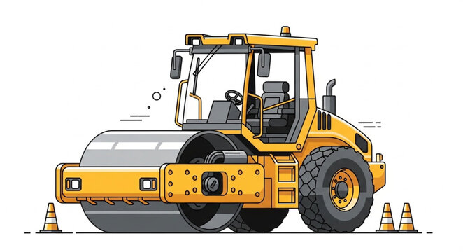 Yellow Steamroller Compacting Road Construction Site.