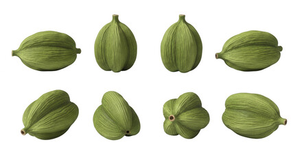 Naklejka premium various angles of green seed pods arranged on a white backdrop potential culinary and botanical use