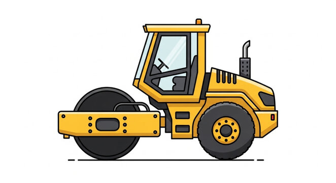 Yellow steamroller vehicle for road construction and paving.