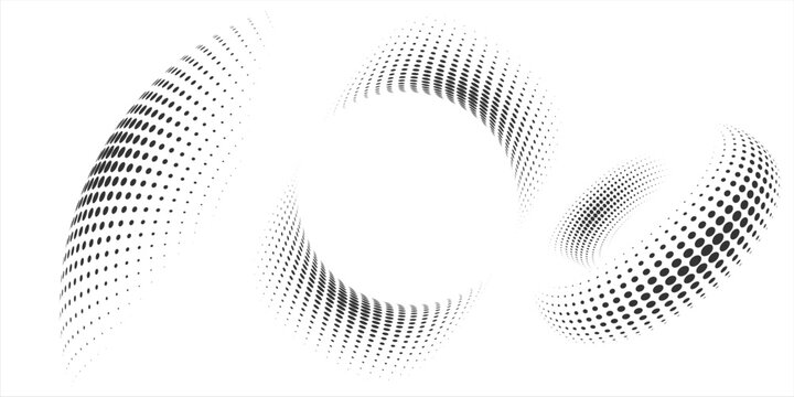 Halftone gradient circles collection. Dots textured round patterns. Cartoon comic radial faded background set. Abstract pixelated elements for frame, poster, collage, banner, flyer. Vector bundle