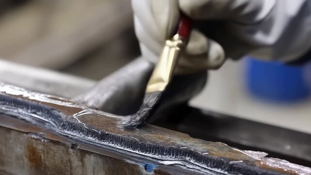 Equipment Operator Skillfully Scrubs Weld Seam On Steel Structure During Industrial Maintenance Process