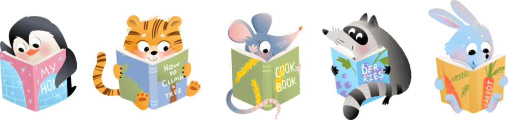 Obraz premium Baby Animals Reading Kid Books Collection. Vector clipart for children education.