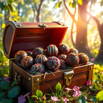 Cofre m&aacute;gico lleno de trufas de chocolate en bosque encantado