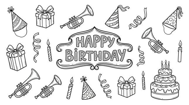 A festive birthday celebration scene with various party elements including gifts, cakes, and decorations on a white background with a happy birthday banner.	