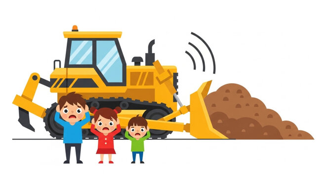 Yellow bulldozer working on construction site with scared children.