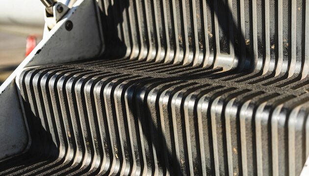 Highlighting ribbed metal stair treads showing dirt and shadows in industrial yard, with bracket