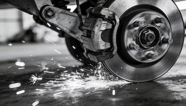Spinning brake rotor, caliper spraying sparks, metal shavings across shop floor, showing hub nut