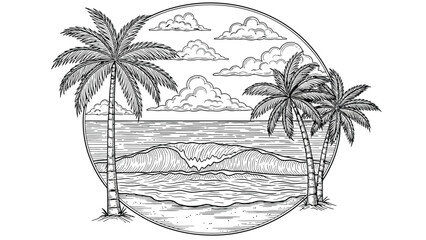 Tropical beach scene with palm trees and ocean waves under a cloudy sky, depicted within a circular frame, perfect for travel or vacation themes. © hossain