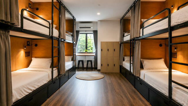 Modern hostel dormitory with bunk beds and large windows  