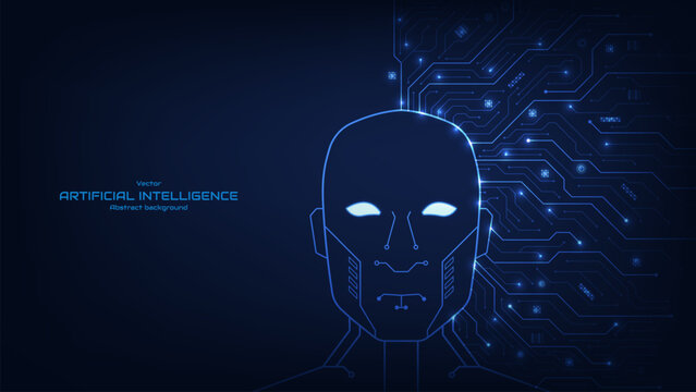 Artificial intelligence in humanoid head with circuit board in a futuristic background.  Machine learning technology concept. Future cybernetic robot with AI. Abstract tech blue background. Vector.