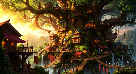 Obraz premium Fantasy treehouse village built around a massive glowing tree with intricate wooden structures and warm lighting. Detailed magical artwork ideal for storybook visuals, game art, and fantasy background