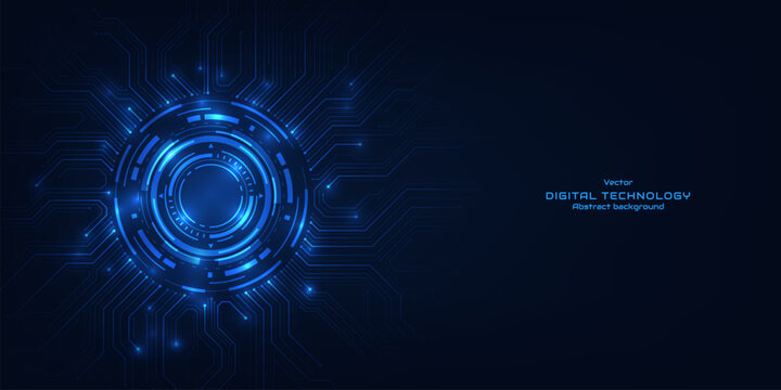 Futuristic glowing HUD round on a digital circuit motherboard. UI and GUI design. Futuristic AI board design. Digital technology vector illustration.