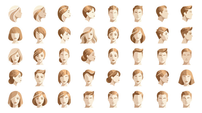 Minimalist hair style icons, collection of 40 male and female avatar heads, modern beauty and salon vector illustrations for branding