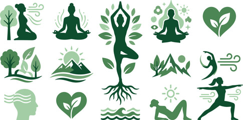 Fototapeta premium Holistic wellness and yoga icon set with nature elements mindfulness symbols and green silhouettes