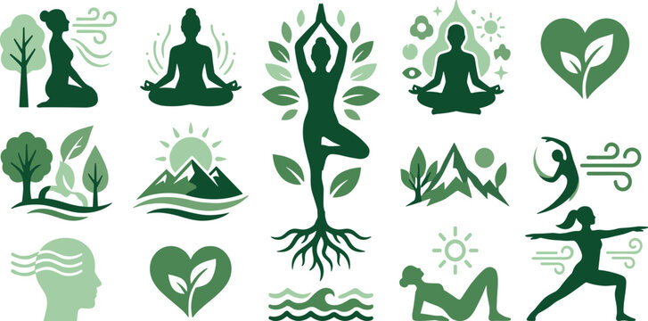 Holistic wellness and yoga icon set with nature elements mindfulness symbols and green silhouettes