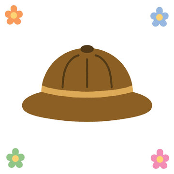 Traditional brown pith helmet for safari and tropical adventure exploration. Hand drawn.