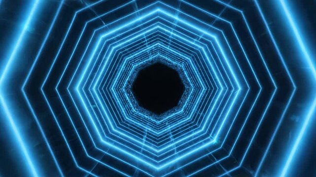 Blue glowing octagonal geometric tunnel portal abstract motion, generative AI