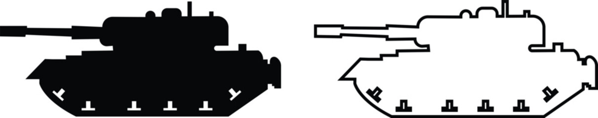 Military armored vehicle tank silhouette set collection and group in black flat and line style featuring combat transport carrier artillery machine army defense war icon bundle © Sattar