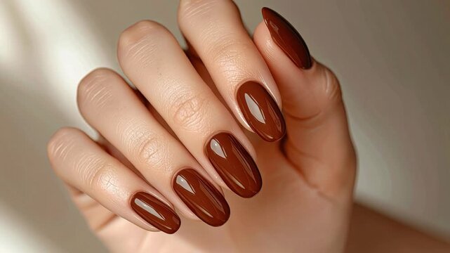Close up photo of a beautiful female hand with manicure and brown nail polish