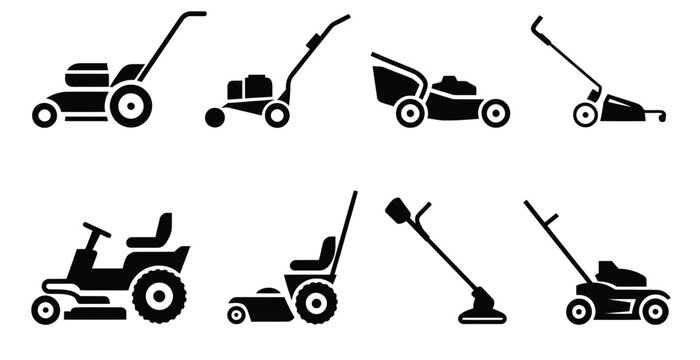 Lawn mower illustration set, generic professional garden equipment silhouettes for landscaping and yard maintenance graphics.