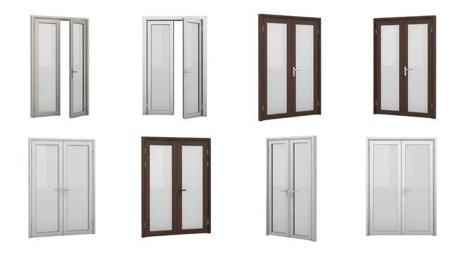 eight various interior french doors closed and open positions against a clean white backdrop design options for architectural projects