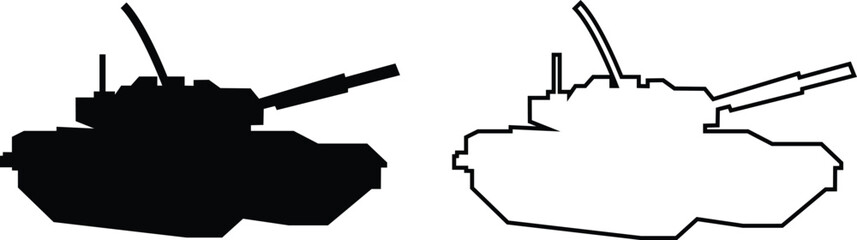 Military armored vehicle tank silhouette set collection and group in black flat and line style featuring combat transport carrier artillery machine army defense war icon bundle © Sattar