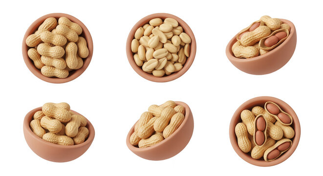 peanuts in clay bowls on a white background arranged for culinary use and food ingredient