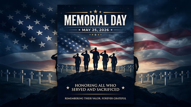 Memorial Day tribute with silhouetted soldiers saluting against an American flag and cemetery background