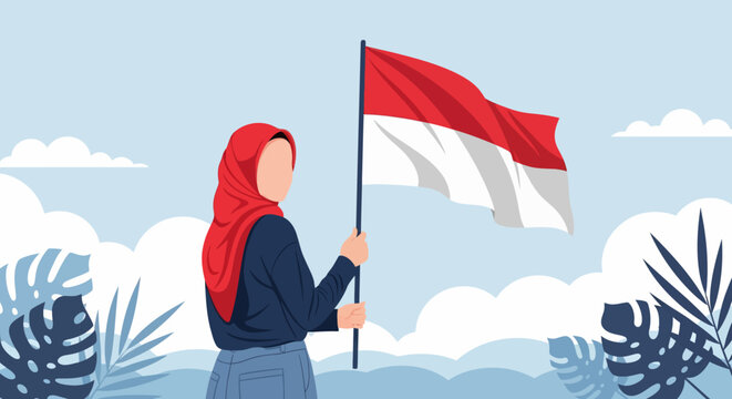 Muslim woman in hijab proudly holding Indonesian flag.