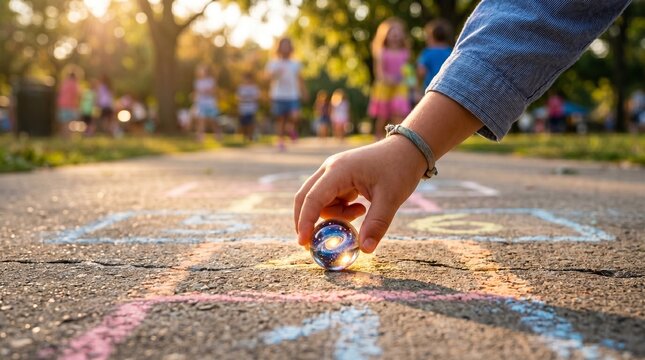 Child&rsquo;s Hand Placing Glowing Marble on Pastel Chalk Hopscotch &ndash; Day of Play