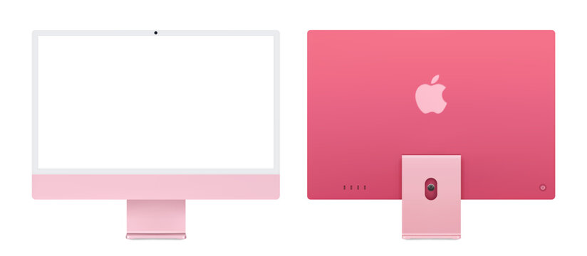 Photorealistic detailed Apple iMac M4 Pink 24 inches mockup. Real dimentions. Front and back view isolated on transparent background. Vector editorial PNG