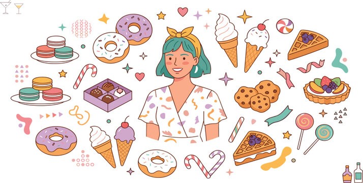 Happy young woman surrounded by sweet dessert icons including donuts ice cream macarons and waffles
