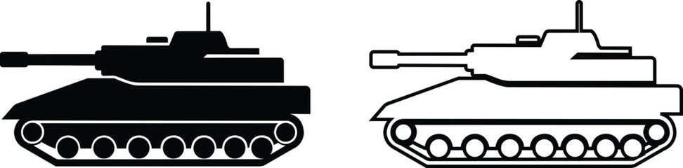 Military armored vehicle tank silhouette set collection and group in black flat and line style featuring combat transport carrier artillery machine army defense war icon bundle © Sattar