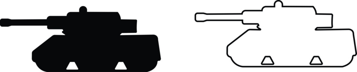 Military armored vehicle tank silhouette set collection and group in black flat and line style featuring combat transport carrier artillery machine army defense war icon bundle © Sattar