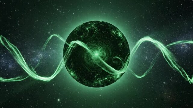 Mysterious glowing green orb pulsates with swirling ethereal energy, radiating cosmic light and cosmic phenomena within the vastness of outer space creating an otherworldly spectacle