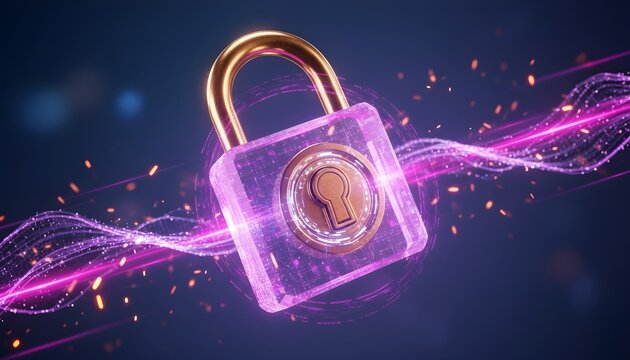 Futuristic Digital Padlock with Glowing Neon Energy for Cybersecurity and Data Protection Concept