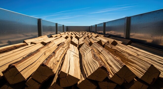 Rows of kiln-dried oak split firewood logs stacked neatly in an outdoor storage area under a clear blue sky